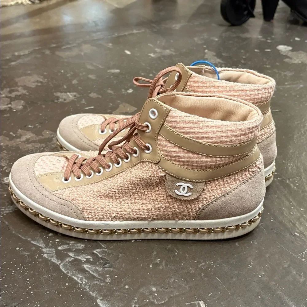 CHANEL Tweed High Top Sneakers Pink